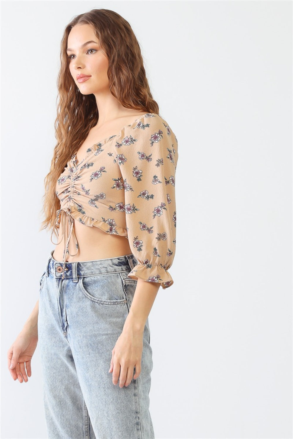 Miss Love / Kevin Co. Floral Ruffle Smocked Back Ruched Crop Top