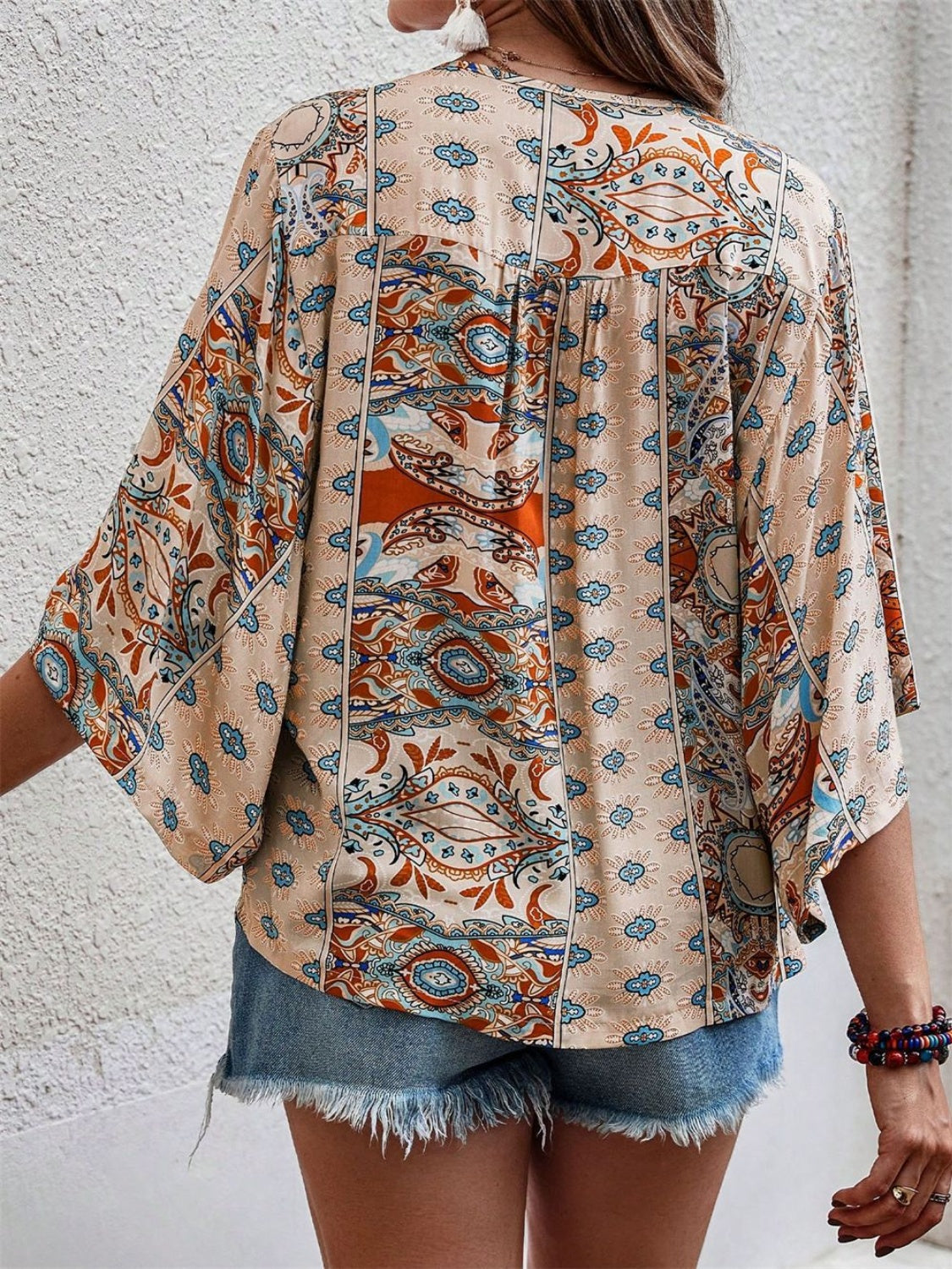 Printed V-Neck Three-Quarter Sleeve Blouse