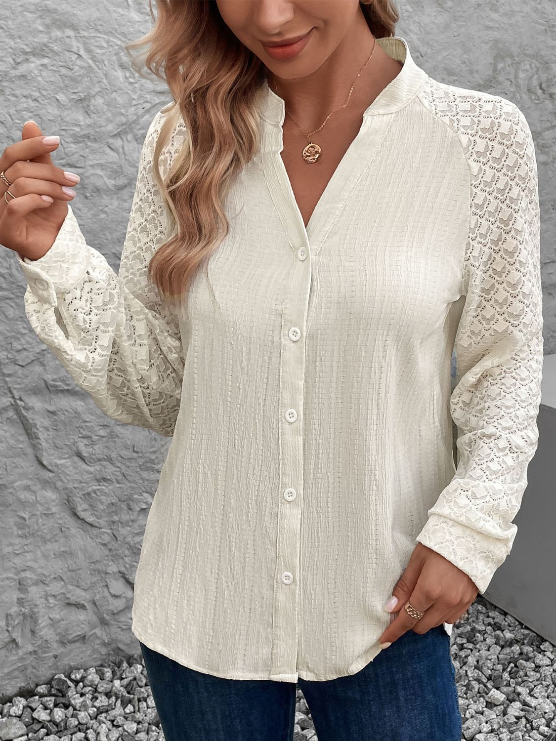 Textured Notched Long Sleeve Shirt