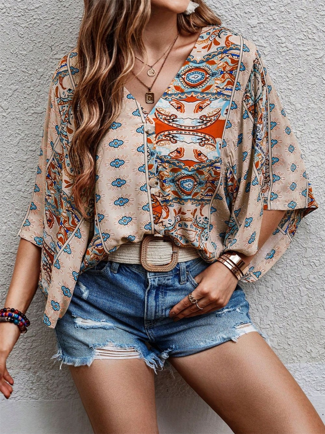 Printed V-Neck Three-Quarter Sleeve Blouse