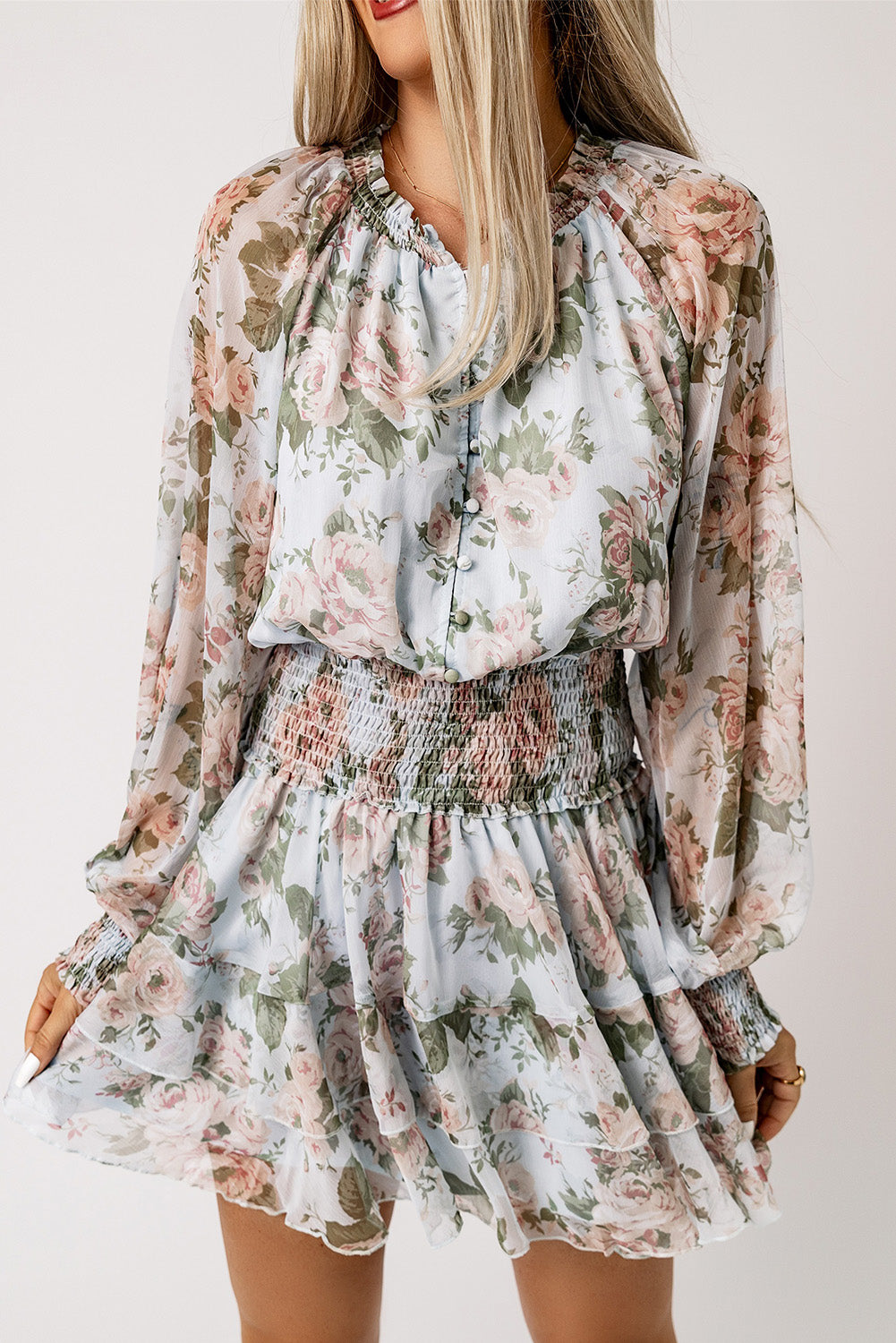 Floral Smocked Waist Layered Mini Dress