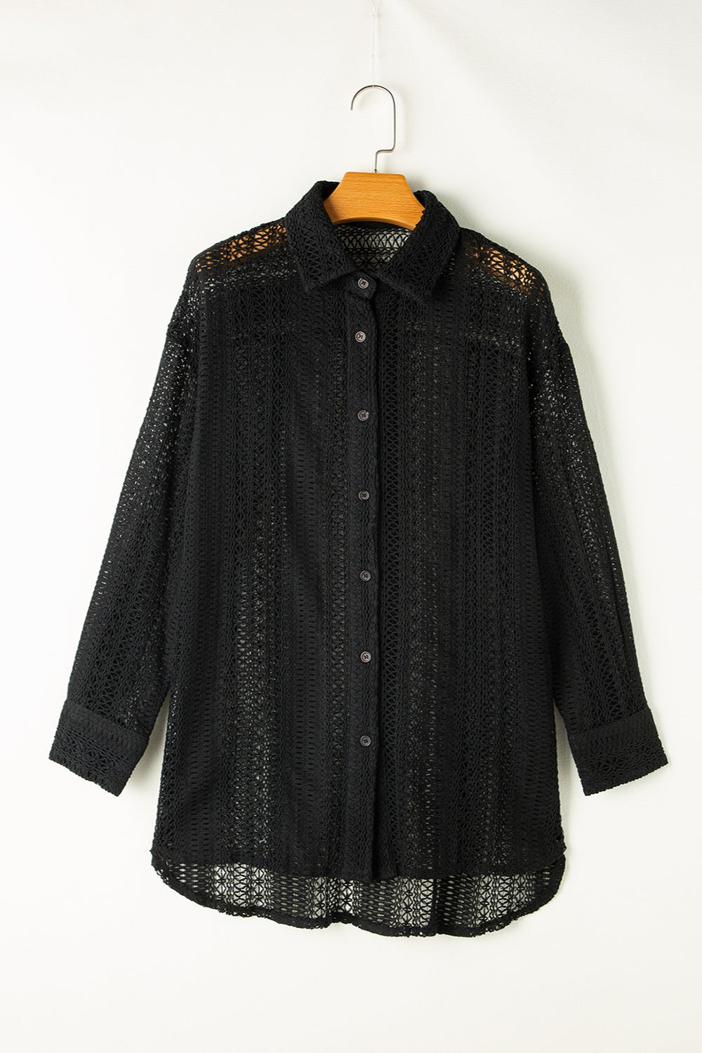 Openwork Collared Neck Long Sleeve Shirt