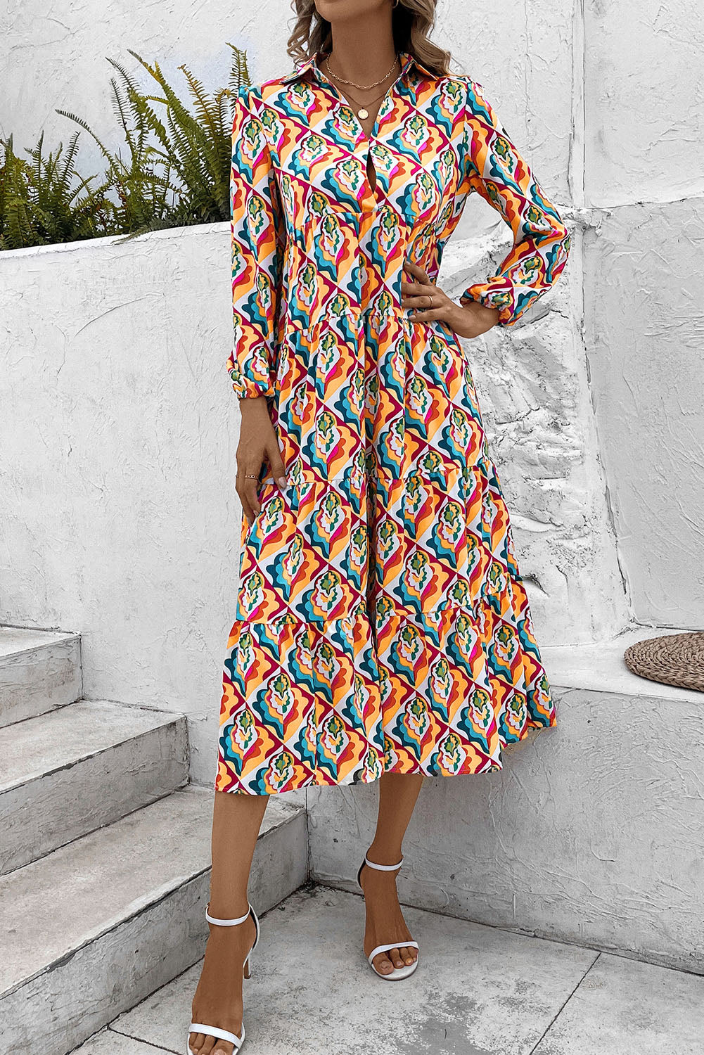 Printed Collared Neck Long Sleeve Dress