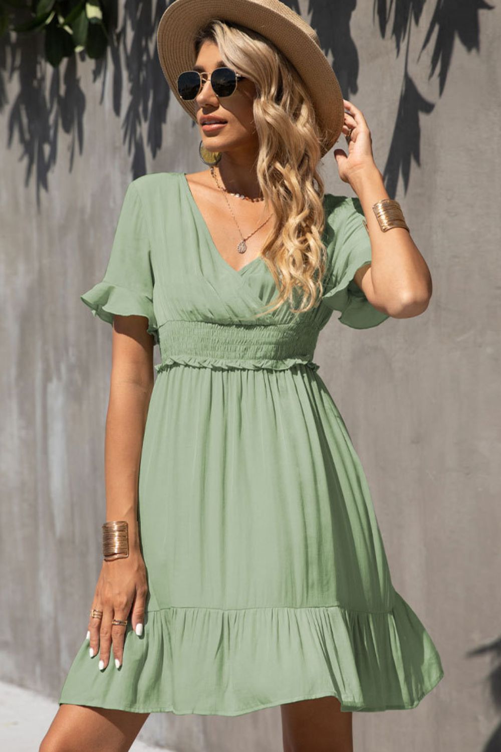 Smocked Waist Flounce Sleeve Ruffle Hem Dress