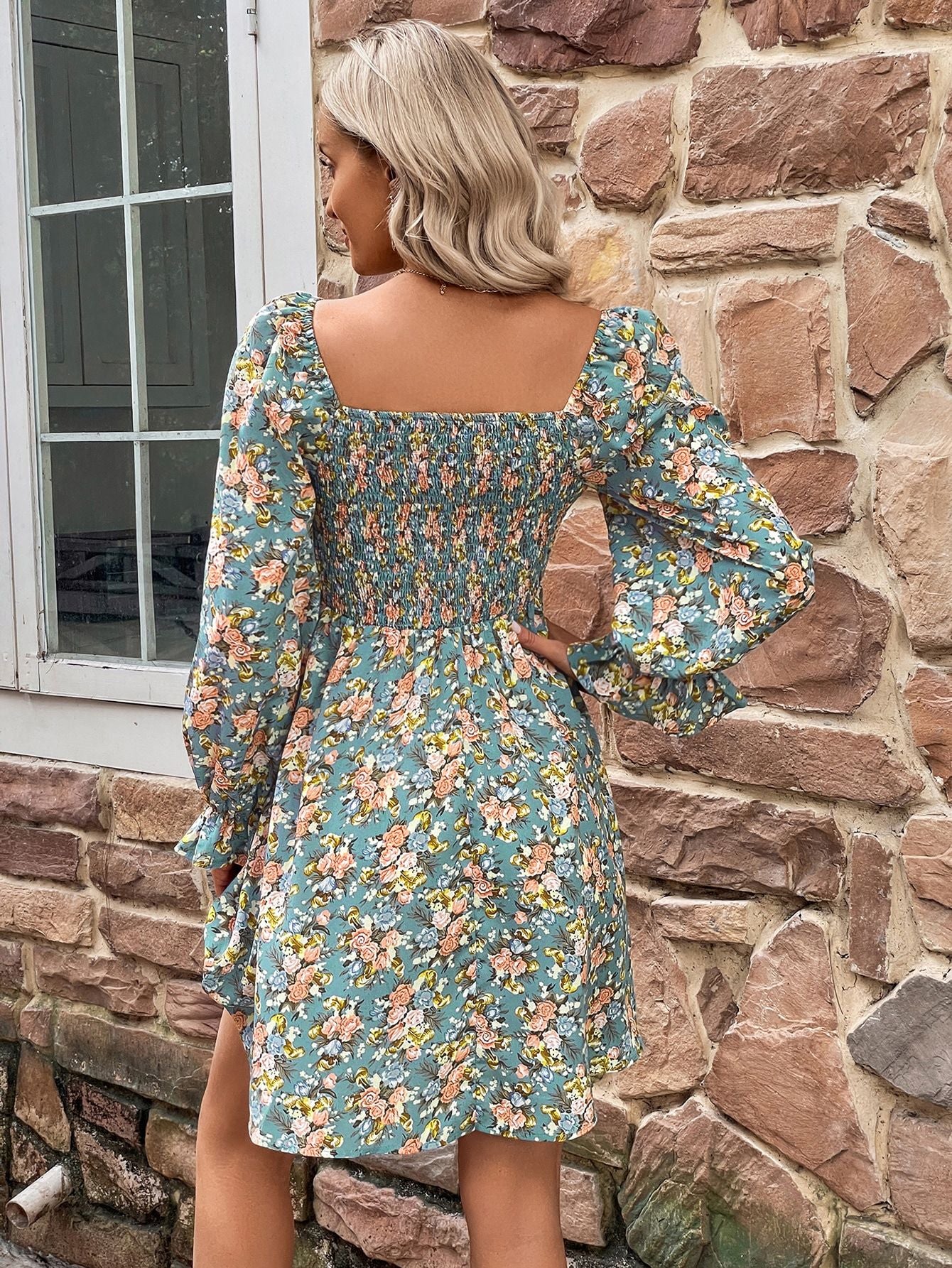 Floral Smocked Flounce Sleeve Square Neck Dress