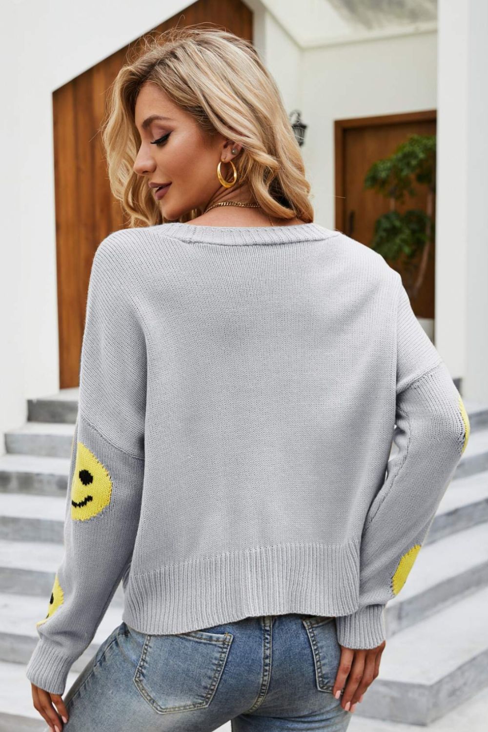 Smiley Face Ribbed Trim V-Neck Cardigan