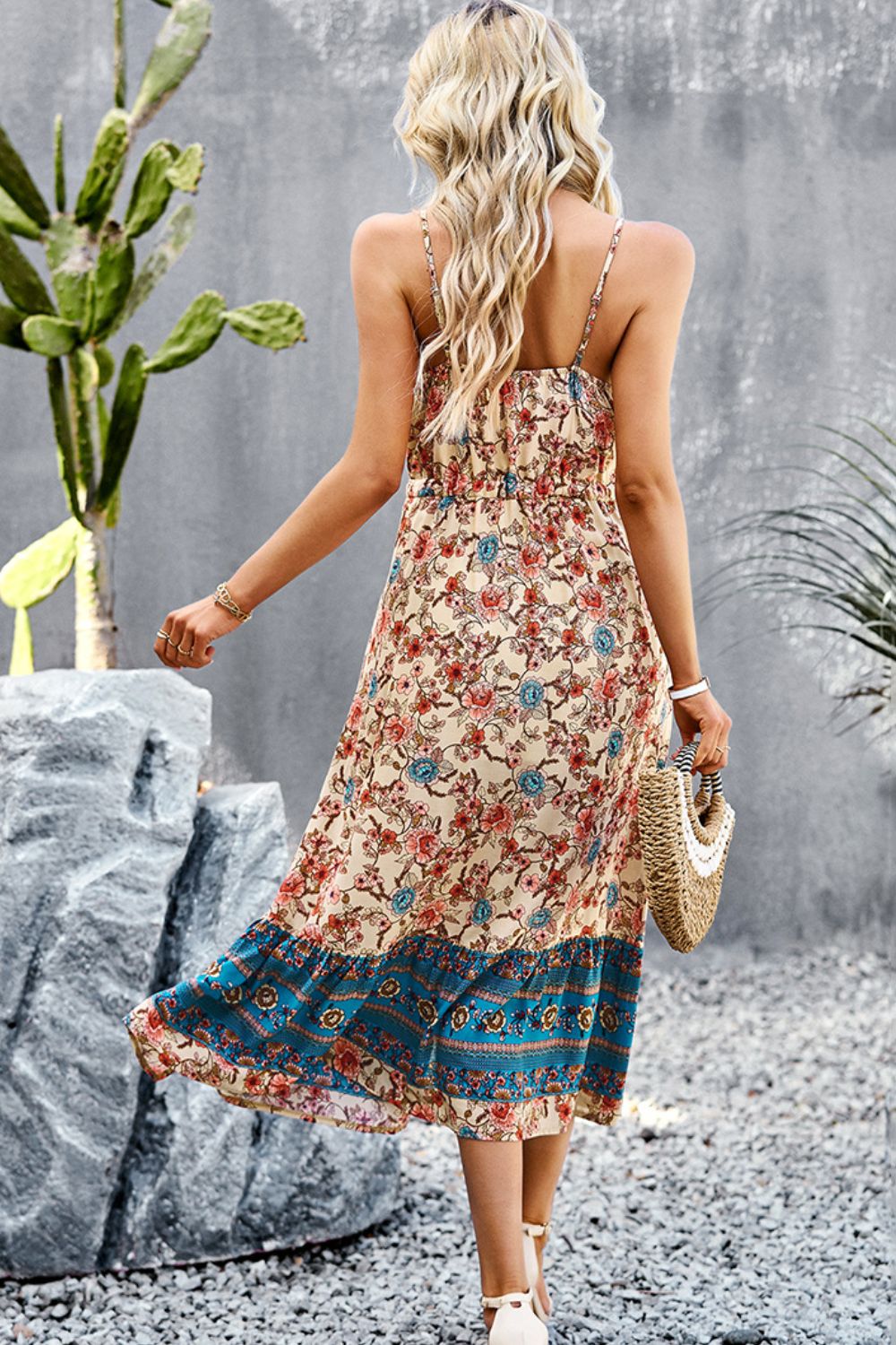 Bohemian Spaghetti Strap Drawstring Slit Dress